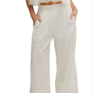 Free People Days End Pull- On Linen Blend Wide Leg Pants Ivory Size L